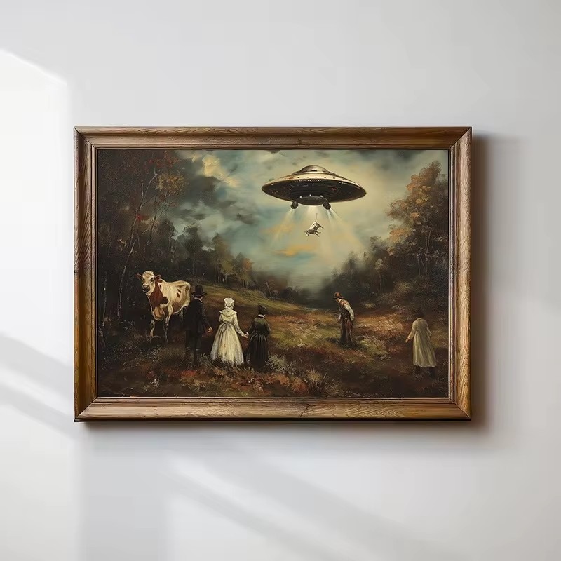 Star Map Poster - ヴィンテージシュールな面白いビクトリア朝のUFO風景牛エイリアンウォールアートポスタープリント面白い猫キャンバス絵画農家家の装飾用